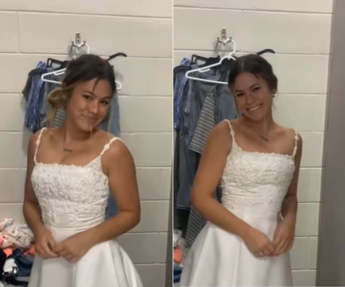 A woman posing in front of the camera wearing a white wedding gown (Image Source: TikTok | @charlottebbennettt)
