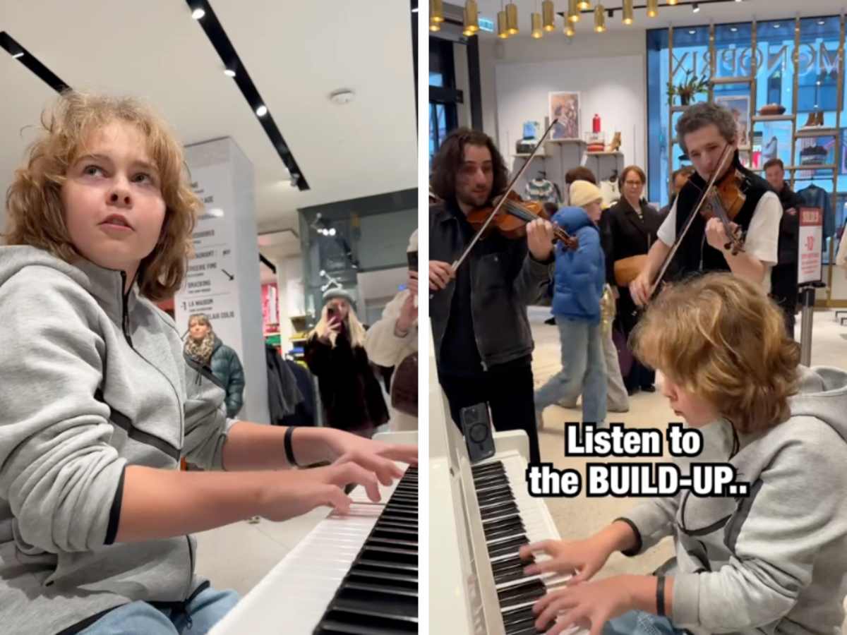 (L) Kid playing piano; (R) Kid playing piano along with two players playing violins. (Image Source: TikTok | @violin_phonix)