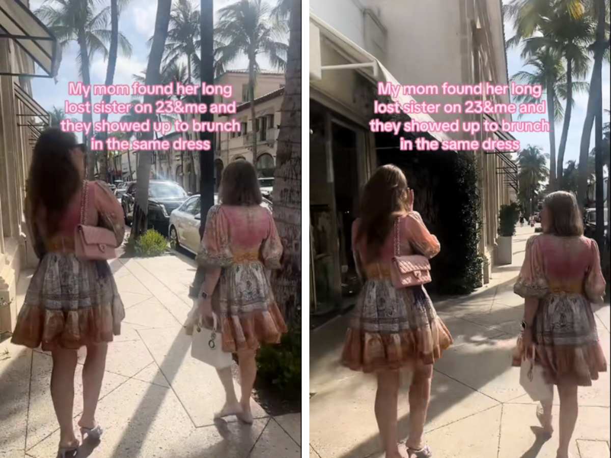(L) Sisters wearing the same dress outside; (R) Two sisters walking outside wearing the same dress. (Image Source: TikTok | @www.rackcitybitch.com)