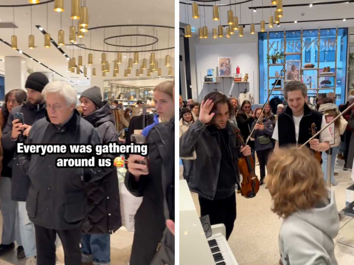 (L) People gathering around an event; (R) Violinist giving high-five to the kid. (Image Source: TikTok | @violin_phonix)