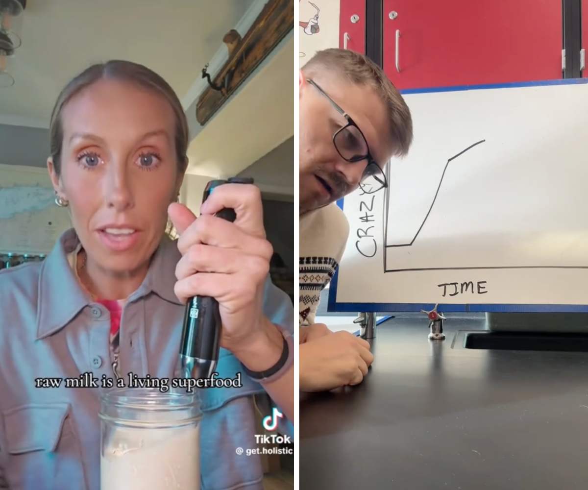Teacher stunned at raw milk propagator's claims. Image Source: TikTok | @a_biology_teacher
