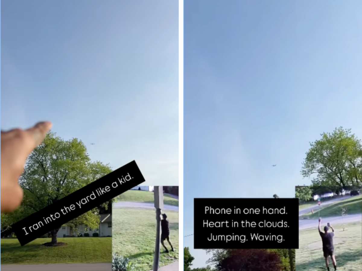 (L) Whittaker pointing to the plane in the sky and footage showing him jumping; (R) Plane in the sky and footage showing Whittaker jumping in the corner. (Image Source: Instagram | @loswhit)
