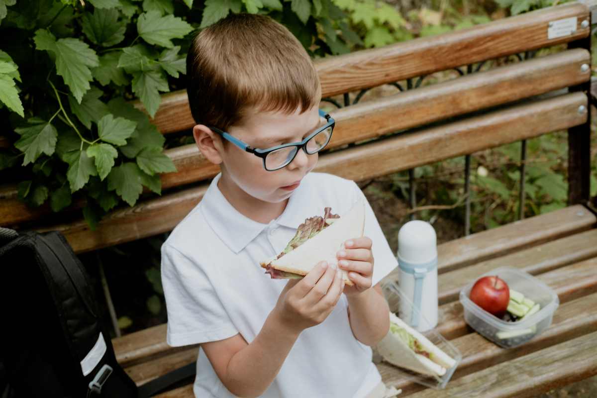 Schoolboy in glasses eats a sandwich while sitting on a bench - Representative Image Source: Getty Images | Photo by Elvira Kashapova