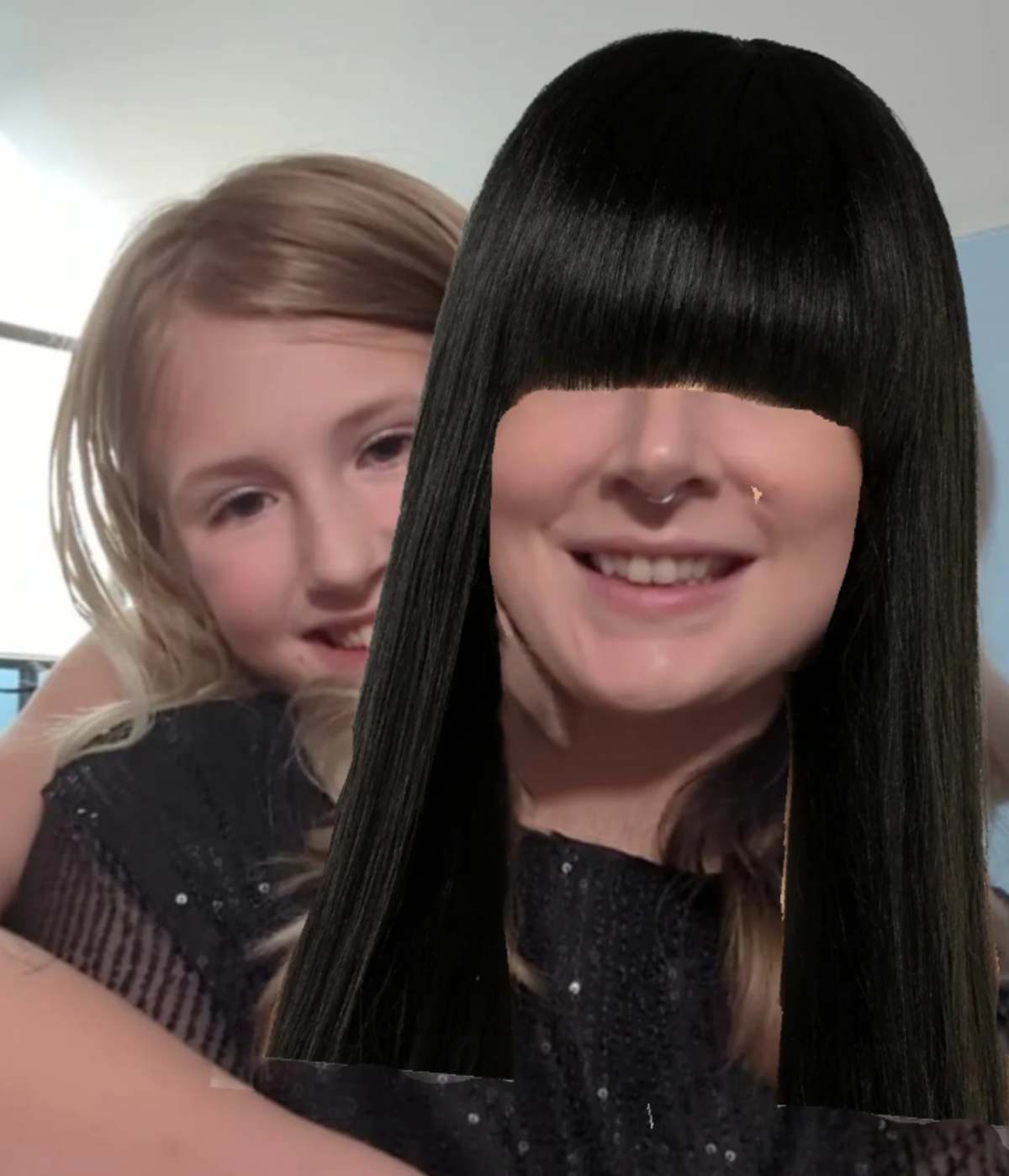 A dark hair filter placed on the picture of a woman (Image Source: Reddit | u/brokenfl)