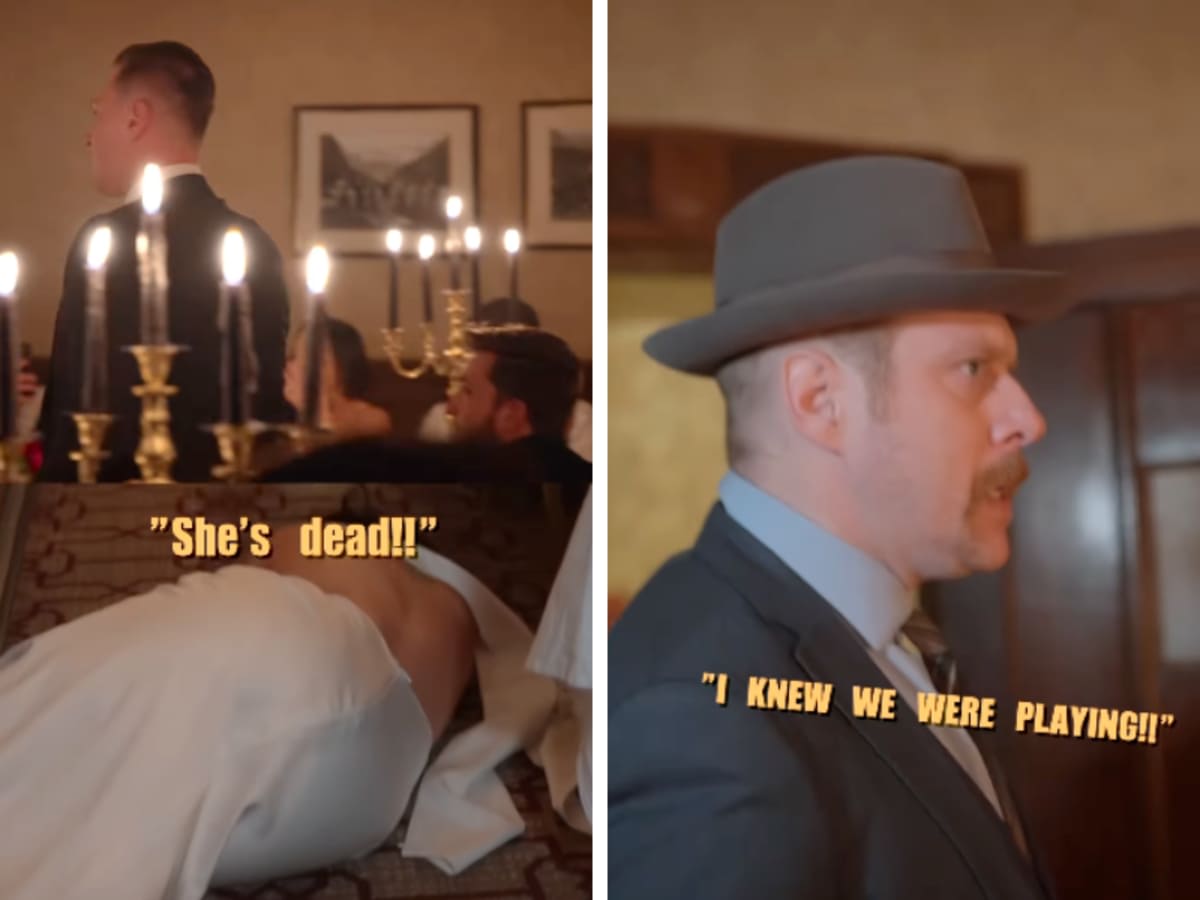 (L) Alexandra pretended to be dead on the floor; (R) Detective entering the room. (Image Source: Instagram | @alesiafilms)