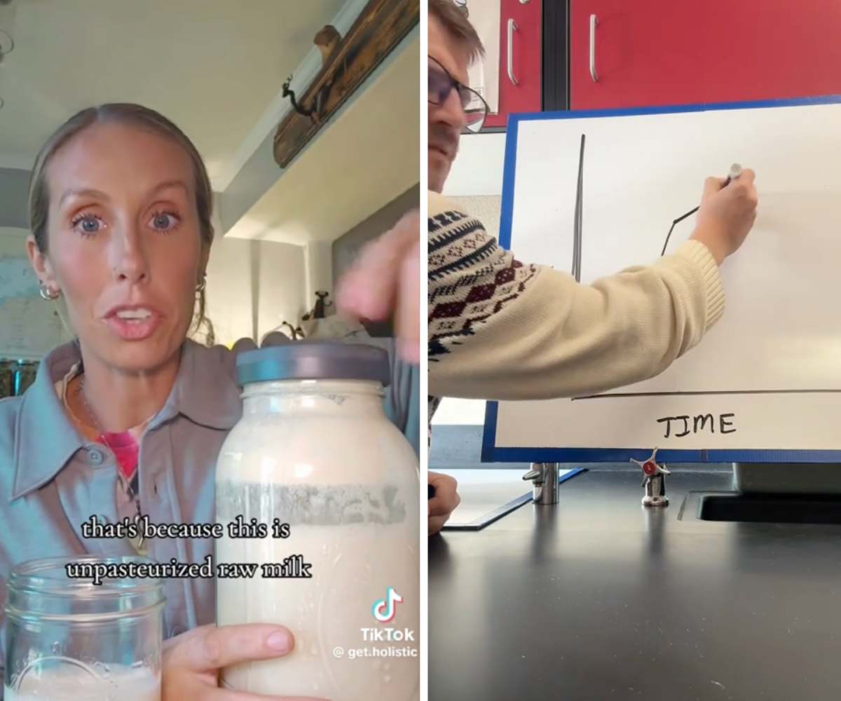 Teacher stunned at raw milk propagator's claims. Image Source: TikTok | @a_biology_teacher