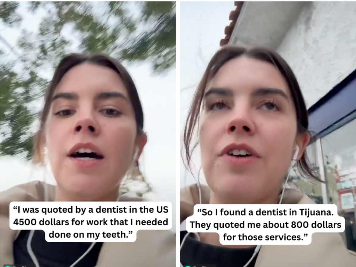 (L) Woman talking on camera; (R) Woman talking about dentist quote. (Image Source: TikTok | @handerplants)